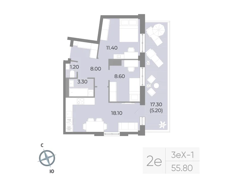 Планировка: Двухкомнатная квартира 56 м² в «Neva Residence»