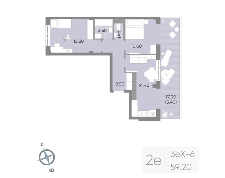 Планировка: Двухкомнатная квартира 59 м² в «Neva Residence»