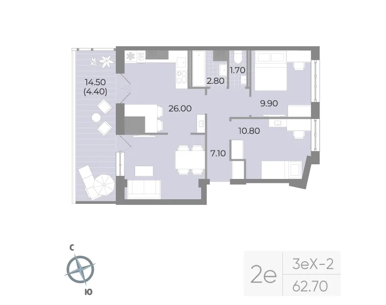 Планировка: Двухкомнатная квартира 63 м² в «Neva Residence»