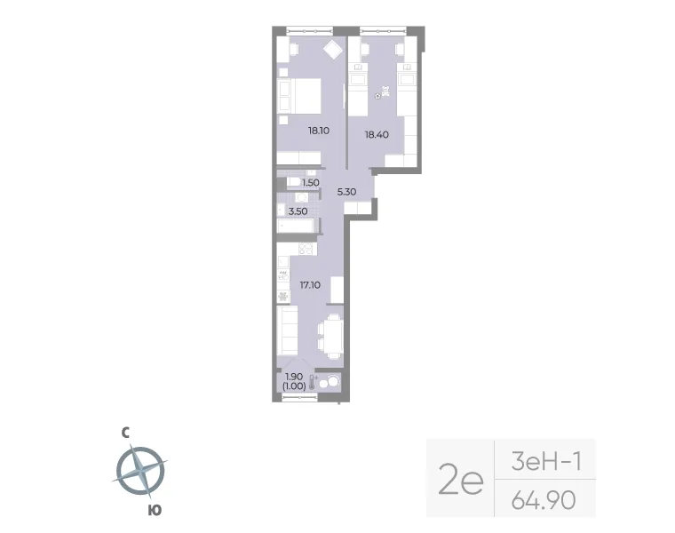 Планировка: Двухкомнатная квартира 65 м² в «Neva Residence»