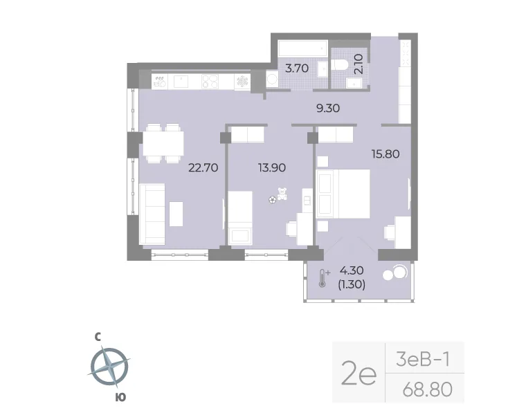 Планировка: Двухкомнатная квартира 69 м² в «Neva Residence»