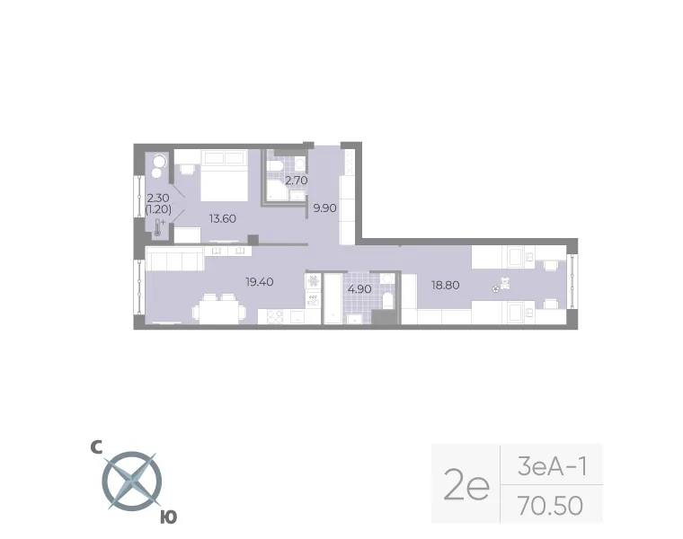 Планировка: Двухкомнатная квартира 70 м² в «Neva Residence»