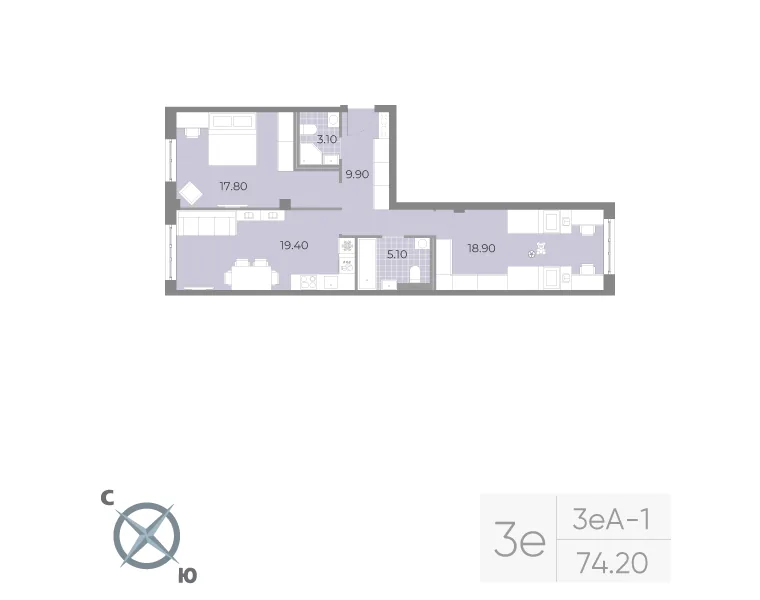 Планировка: Двухкомнатная квартира 74 м² в «Neva Residence»