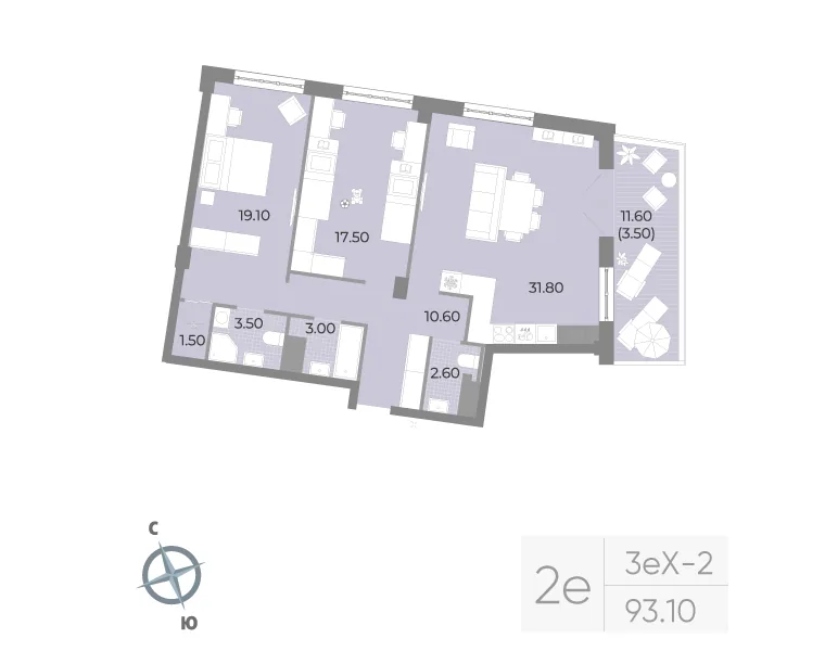 Планировка: Двухкомнатная квартира 93 м² в «Neva Residence»