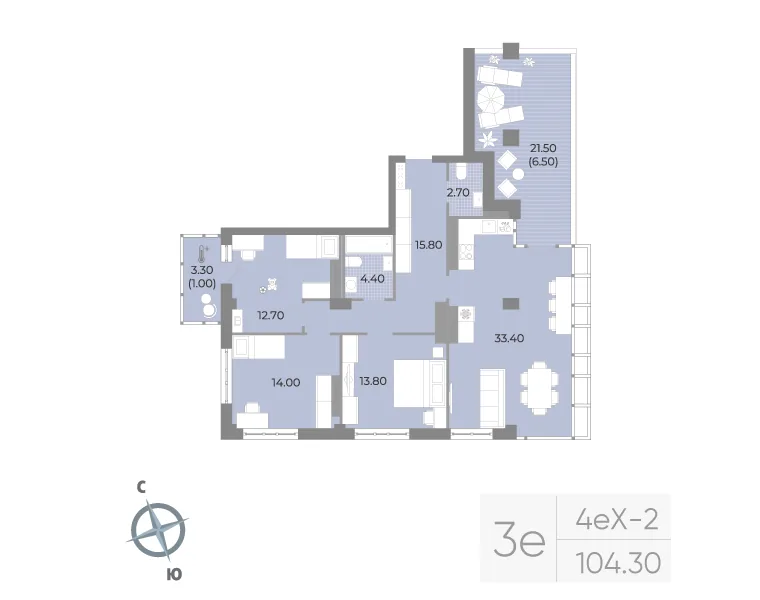 Планировка: Трёхкомнатная квартира 104 м² в «Neva Residence»