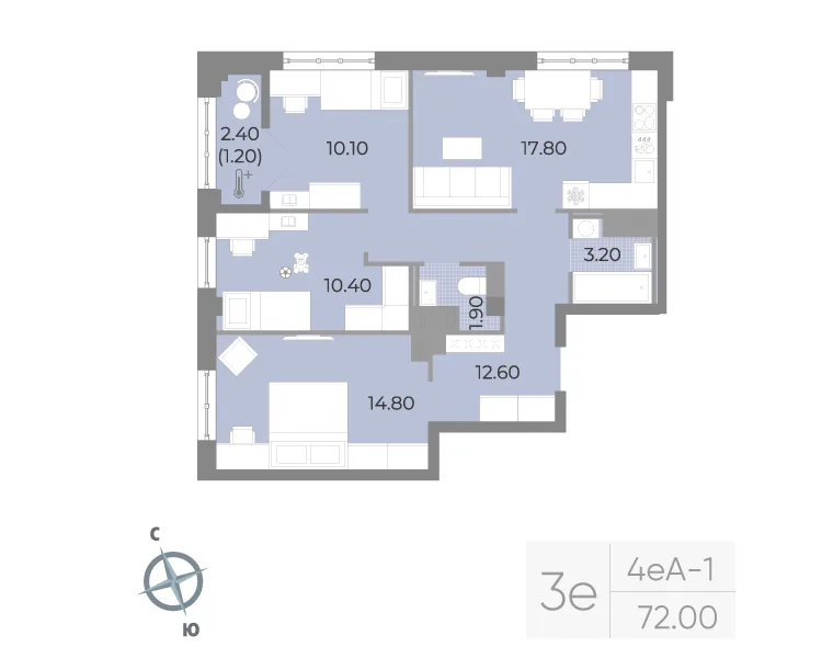 Планировка: Трёхкомнатная квартира 72 м² в «Neva Residence»