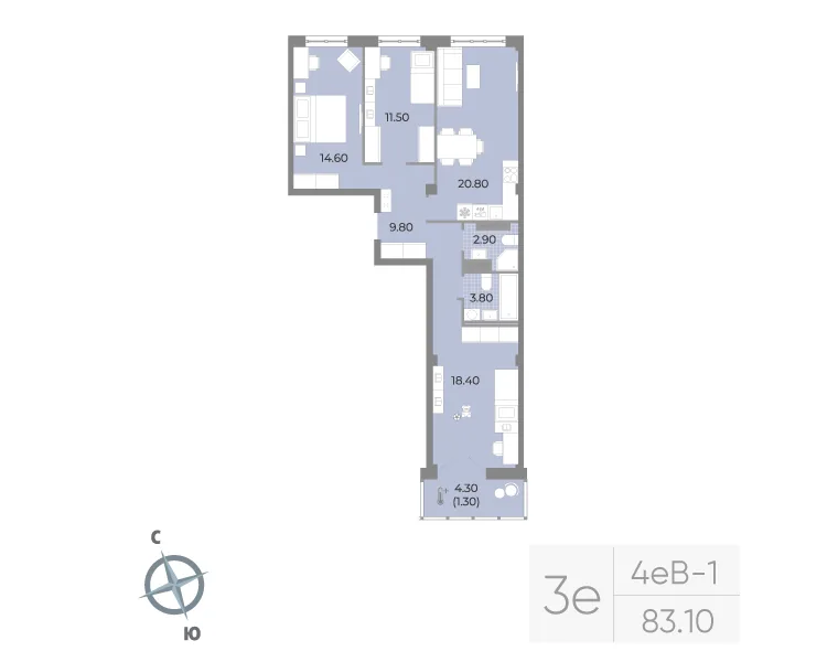 Планировка: Трёхкомнатная квартира 83 м² в «Neva Residence»