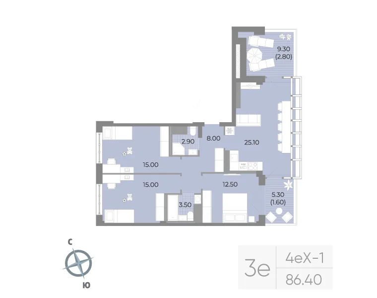 Планировка: Трёхкомнатная квартира 86 м² в «Neva Residence»