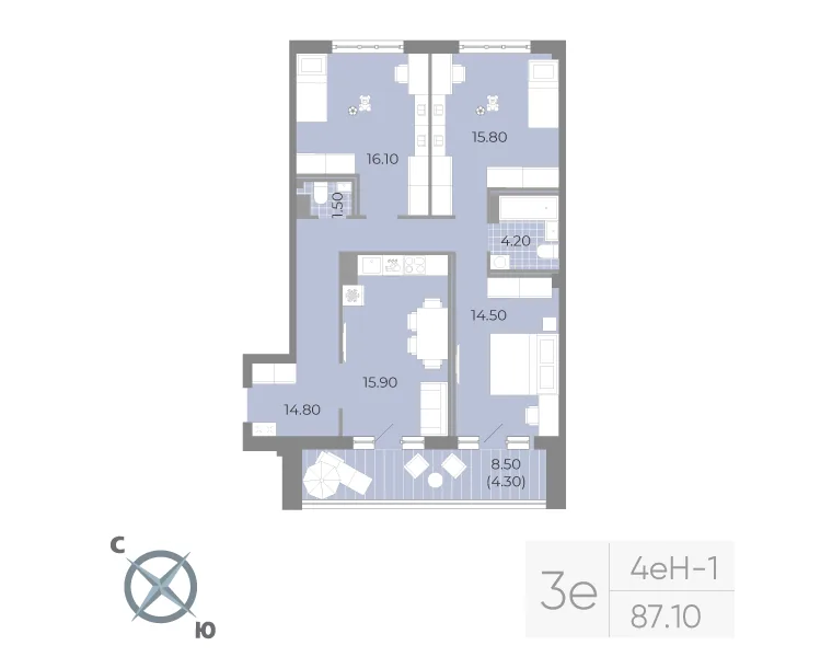 Планировка: Трёхкомнатная квартира 87 м² в «Neva Residence»