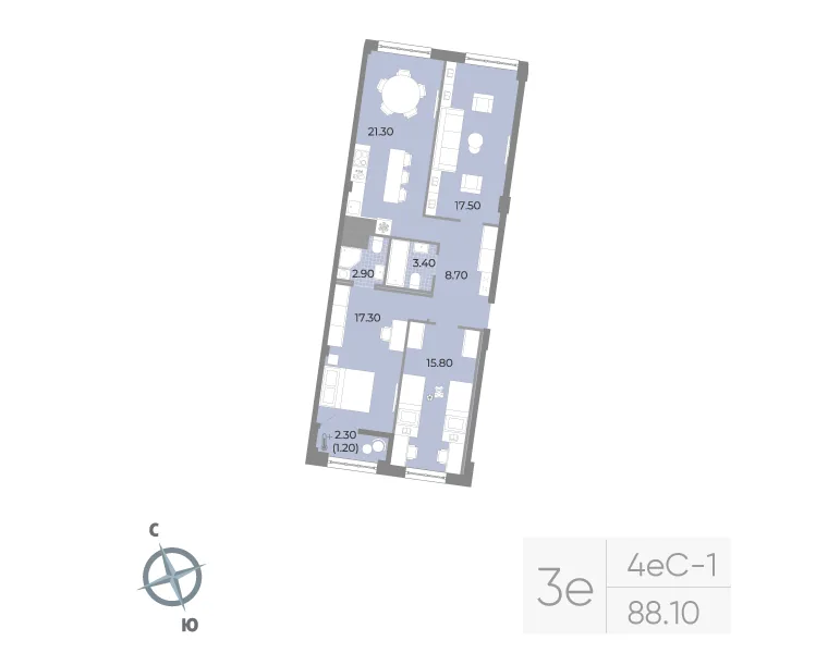 Планировка: Трёхкомнатная квартира 88 м² в «Neva Residence»